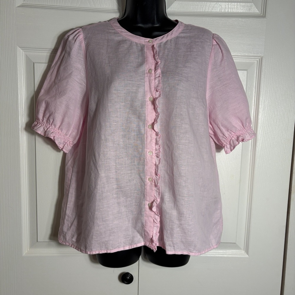 J Crew Linen Cotton Blend Shirt Women L Light Pink Puff Sleeve Button Up Ruffled